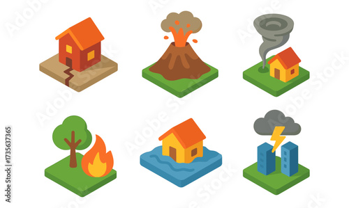 Natural disaster isometric icons: earthquake, volcano, tornado, wildfire, flood, thunderstorm