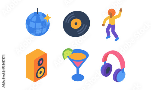 Colorful isometric party icons featuring disco ball, vinyl record, and cocktail