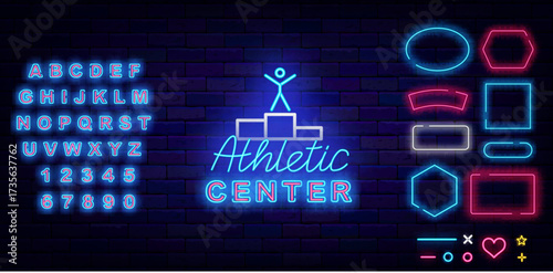 Fitness center neon label. Geometric frames set. Gym sports club. Athletics sign. Vector stock illustration