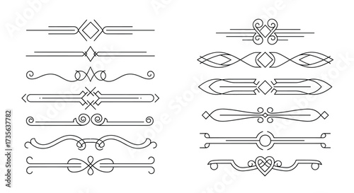 Collection of Black Geometric and Swirling Decorative Line Dividers vector illustration