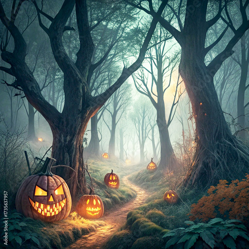 Enchanting Halloween night with glowing jack-o'-lanterns lining a spooky forest path creating a magical and mysterious atmosphere for autumn celebrations