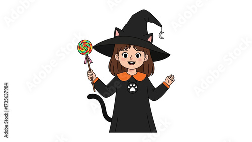 Spooky Halloween Enchantment: A charming little girl, dressed as a whimsical witch, clutches a vibrant lollipop wand, radiating cheer and youthful energy, perfect for a seasonal holiday.