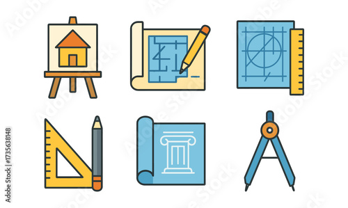 Architectural tools and drafting elements in linear style for creative planning designs