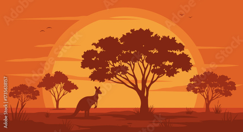 Kangaroo silhouette standing near trees against sunset background , for Australian tourist brochures and wildlife conservation materials
