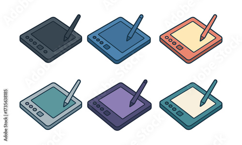 Colorful digital drawing tablets with stylus in isometric style