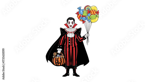 Halloween Dracula: A whimsically illustrated dracula dressed in classic attire, bearing a candy bouquet, poised to offer a treat to any trick-or-treater during the haunting season. 