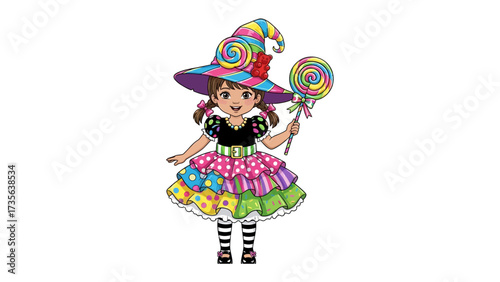 Sweet Witch in Costume: A whimsical young witch, adorned in a colorful ensemble, extends a lollipop, inviting viewers into a world of fanciful delights and Halloween enchantment.