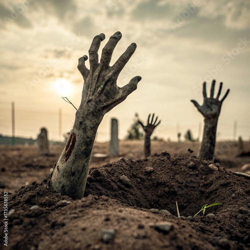 Terrifying zombies rising from graves in cemetery, perfect for Halloween horror movie promo, poster, or spooky themed designs this fall season