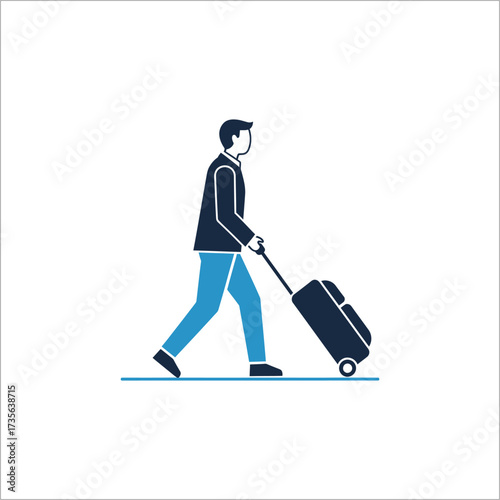 Man pulling suitcase walks through the airport terminal on a business trip, ready to travel for work and attend meetings.