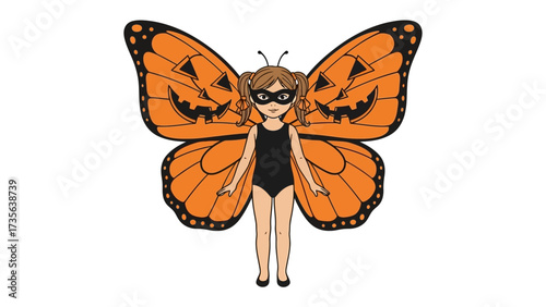 Halloween butterfly: A Halloween-themed illustration showcases a child costumed as a butterfly, bringing the magic of Halloween to life with pumpkin-themed wings and an aura of whimsical fun.