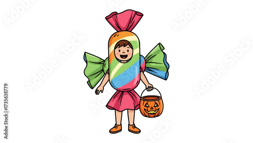 Candy Costume Celebration: A child, adorned in a vibrant and playful candy costume, stands ready for Halloween festivities, carrying a jack-o'-lantern bucket and expressing joy. 