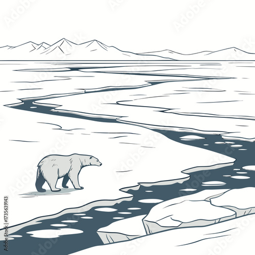 A lone polar bear walks across fractured ice floes with mountains in the distance