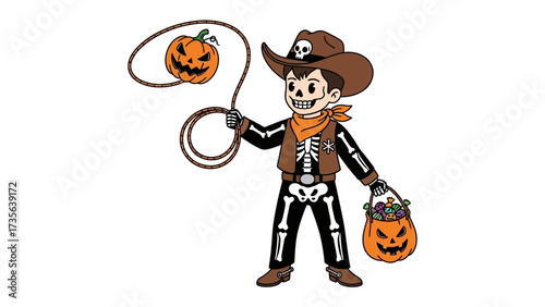 Spooky Cowboy Trick-or-Treater: A delightful illustration of a young cowboy with a skeleton costume, Halloween, Pumpkin, Lasso, Trick or Treat.