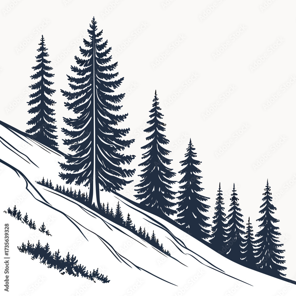 Obraz premium Dark blue silhouette of pine trees on a snowy slope with a white background
