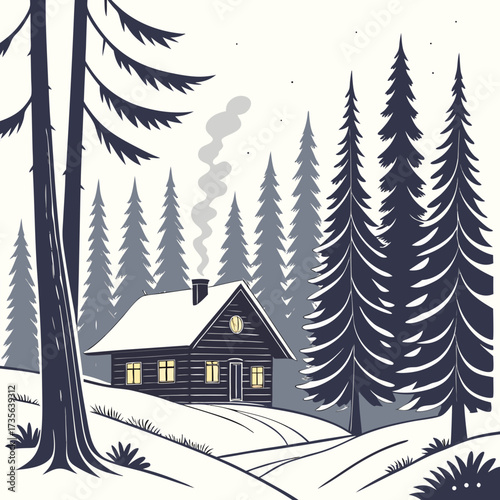 Cozy wooden cabin nestled in a snowy forest with smoke rising from the chimney at night