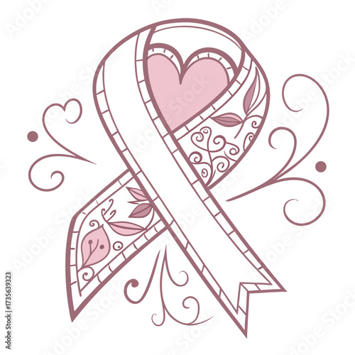 Decorative pink ribbon with heart and floral swirls symbolizing hope and awareness for a cause