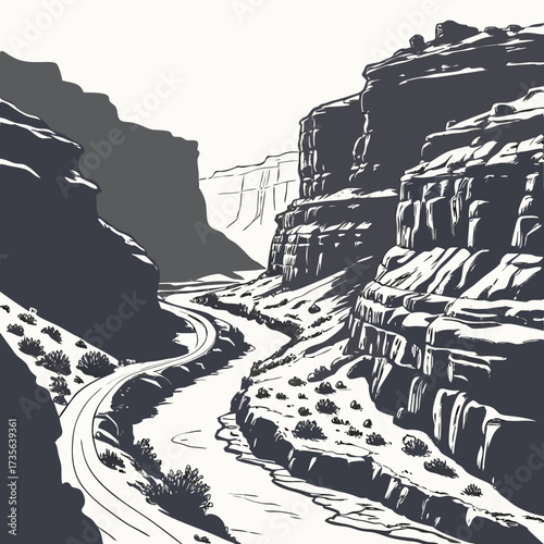 Dramatic monochrome illustration of a winding river carving through a vast sun drenched canyon landscape