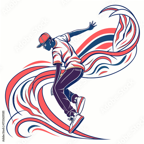 Dynamic illustration of a breakdancer performing a move with abstract colorful waves flowing around them