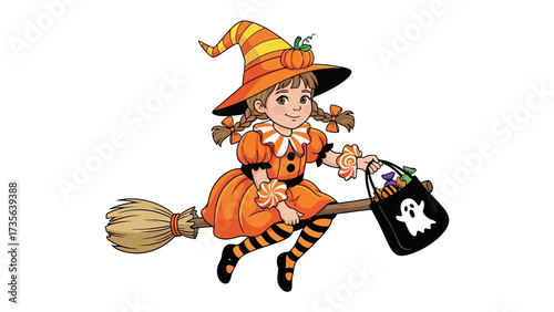 Whimsical Witch's Flight: A charming young witch soars through the night sky on her trusty broomstick, filled with a playful spirit and a bucket of treats ready for Halloween night.