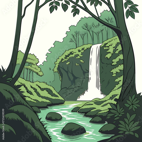 Serene forest waterfall cascading into a clear river surrounded by lush green foliage and trees