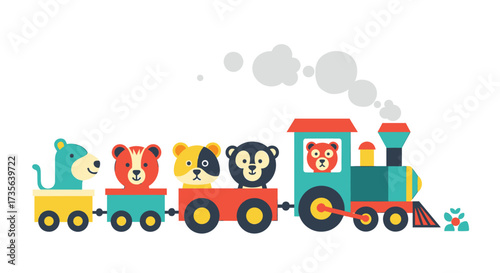 Cute Cartoon Train with Animal Passengers on a White Background vector illustration