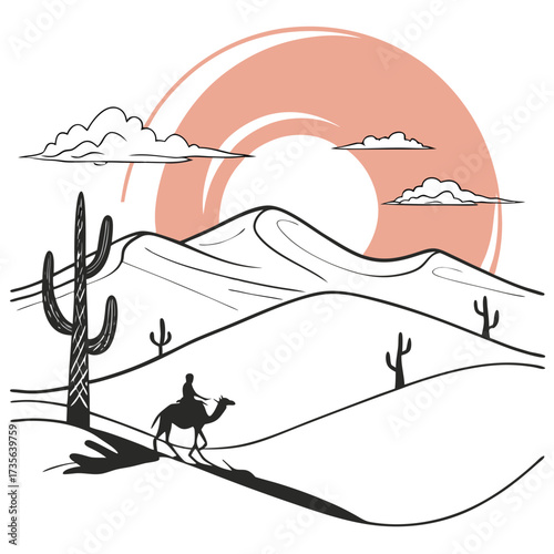 Stylized desert landscape with a person riding a camel past cacti under a large sun and clouds