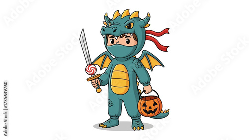 Dragon Ninja on Halloween: A young child dressed in a vibrant dragon ninja costume, ready to take on the spirit of Halloween with a playfully sweet sword and a jack-o'-lantern bucket in hand.