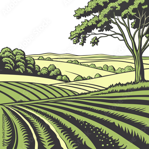 Stylized illustration of rolling green farm fields with a large tree and distant trees under a white sky
