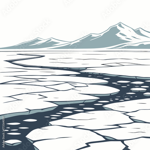 Cracked ice floes on a dark body of water with distant snow capped mountains under a pale sky