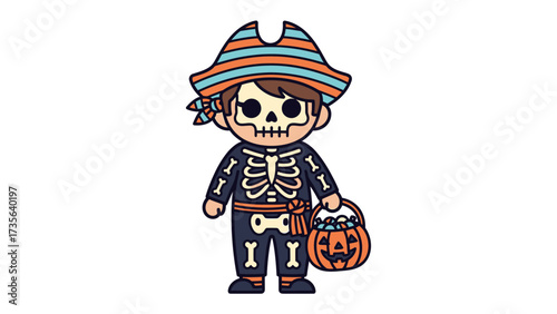 Spooky Pirate Costume: A cheerful cartoon character in a pirate costume, complete with a skeleton face mask, hat, and a pumpkin basket filled with candy