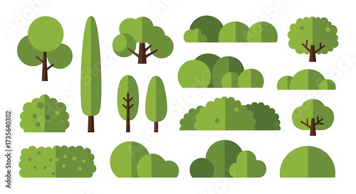 Flat Design Green Trees and Bushes Collection on White Background plant nature