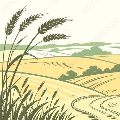 Stylized illustration of golden wheat fields and rolling hills under a pale sky