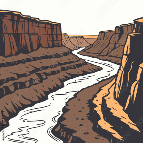 Stylized illustration of a winding river flowing through a vast canyon with layered rock formations under a clear sky