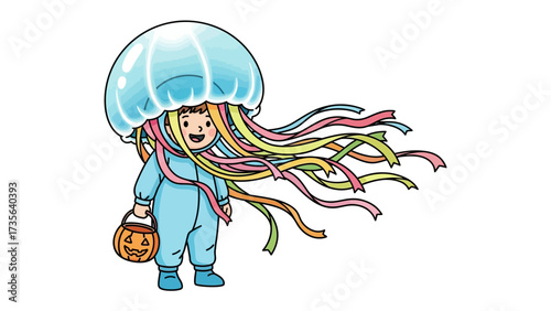 Oceanic Allure: A cheerful child dressed as a captivating jellyfish. The kid, dressed in playful garb, stands with a pumpkin bucket, ready for Halloween mischief.