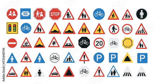 Large Collection of International Road and Traffic Signs on White Background Keywords: traffic sign, road sign, symbol, warning, information, stop, pedestrian, bicycle, speed limit, parking, no