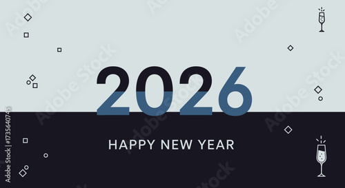 Stylish and Modern Happy New Year 2026 Design with Geometric Elements and Champagne Glasses