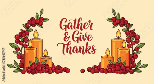 Elegant thanksgiving illustration featuring lit candles surrounded by cranberries and leaves