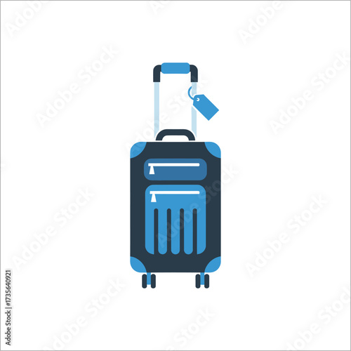 Blue suitcase stands ready for travel with a tag attached, suggesting a journey or vacation, evoking a sense of adventure and anticipation.