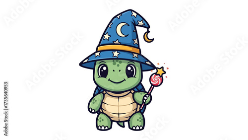 Magic Turtle: A charming illustration of a whimsical turtle, adorned with a wizard hat and wielding a magical wand, embodies the essence of enchantment and fantasy. 