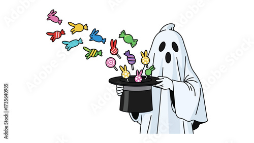Ghostly Confectioner: A whimsical illustration of a spectral figure conjuring a colorful assortment of candies from a black top hat, exuding an air of playful magic and sweet surprises.