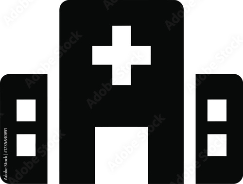 Simple black icon of a hospital building with a cross