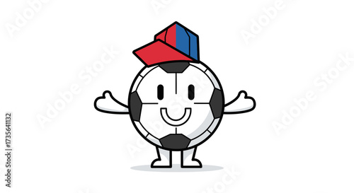 Cartoon soccer ball character with cap and smile welcomes players and fans with open arms ready