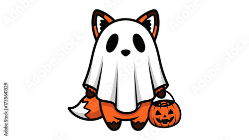 Spooky Fox in Halloween Costume: A whimsical illustration of a fox dressed in a ghost costume, ready to celebrate Halloween with a carved pumpkin lantern in its paw.