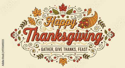 Festive Thanksgiving greeting with decorative elements and autumn foliage design