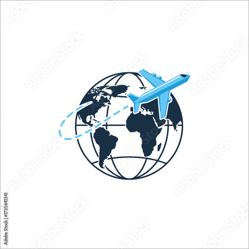 Airplane flying around the globe symbolizing international travel and global connectivity, representing exploration and adventure.