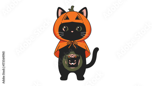 Halloween Cat in Pumpkin Costume: A charming black cat playfully dressed in a pumpkin costume, ready to embrace the spooktacular spirit of Halloween, is showcased against an inviting backdrop. 