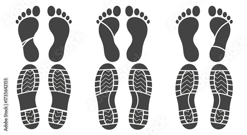 Set of Footprint and Shoeprint Icons Showing Different Tread Patterns vector illustration