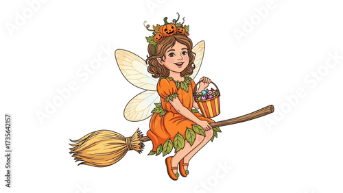 Autumn Fairy's Enchanted Flight: A charming autumnal fairy gracefully navigates the air on a broom, collecting treats for the season. With a warm smile.