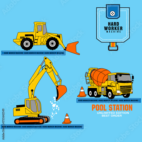 Flat Design Construction Trucks and Excavator Illustration