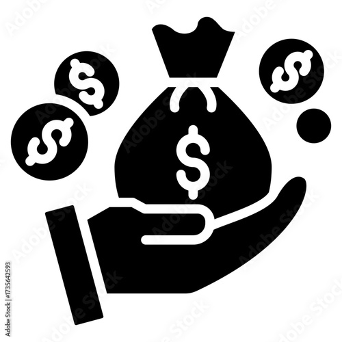 Staking Glyph Icon - Solid Black Hand with Crypto Money Bag